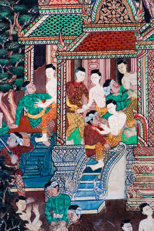 RATCHBURI, THAILAND - APR 13   Details of Thai mural painting at Kongkaram Temple on April 13, 2013 in Ratchburi, Thailand  Scenes from previous life of Buddha are often shown in Thai templeのeditorial素材