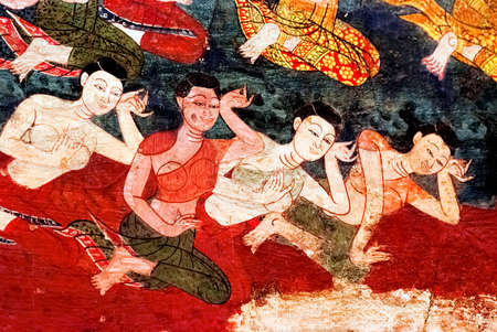 BANGKOK, THAILAND - MAR 10 : Details of Thai mural painting at Bangyikhan Temple on March 10, 2010 in Bangkok, Thailand. Scenes of Thai way of life are often shown in Thai temple's walls のeditorial素材