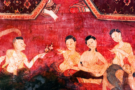 BANGKOK, THAILAND - SEP 26 - Details of Thai mural painting at Chaiyathit Temple on September 26, 2010 in Bangkok, Thailand. Scenes of Thai way of life are often shown in Thai temple's walls のeditorial素材