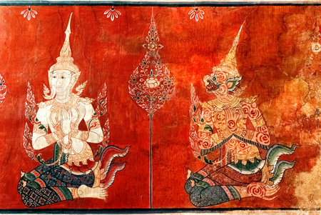 BANGKOK, THAILAND - MAR 10 : Details of Thai mural painting at Bangyikhan Temple on March 10, 2010 in Bangkok, Thailand. Scenes from previous life of Buddha are often shown in Thai temple's walls のeditorial素材