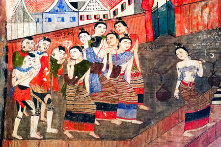 NAN, THAILAND - MAR 19: Details of Thai mural painting at Phumin Temple on March 19, 2010 in Nan Province of Thailand. Scenes of Thai way of life are often shown in Thai temple's wallsのeditorial素材