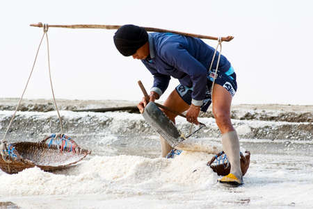 SAMUTSONGKRAM, THAILAND - MARCH 8: Farmers collect the ready-to-harvest salts on March 8, 2014 in Samutsongkram, Thailand. Samutsongkram is a big salt production area of Thailand.のeditorial素材
