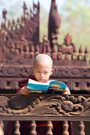 BAGAN, MYANMAR MAR 2: a young novice stydying at Nat Taung Kyaung Monastery on Mar 2, 2015 in Bagan,...