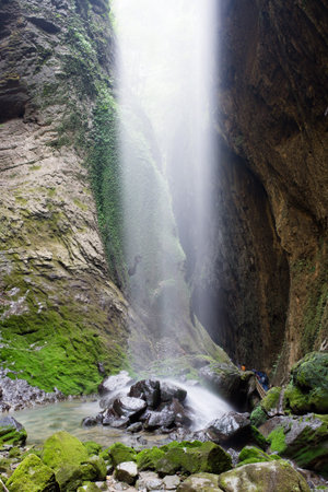 Picturesque area of the Longshuixia Fissure with its waterfalls,Wulong, Chinaの写真素材