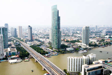 Overview of one of the most important financial districts with bank headquarters, financial institutions and office buildings in Bangkokのeditorial素材