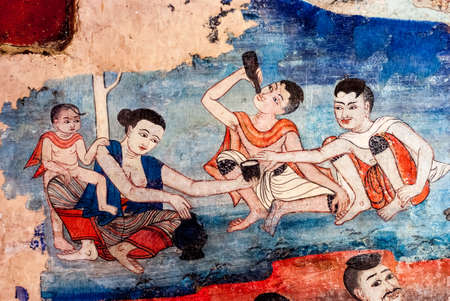 CHIANG MAI, THAILAND - NOV 25: Mural painting at Wat Phra Singh represent the Lanna culture and depict Thai folktale, Sangthong on Nov 25, 2012, Chiang Mai, Thailandのeditorial素材