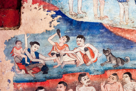 CHIANG MAI, THAILAND - NOV 25: Mural painting at Wat Phra Singh represent the Lanna culture and depict Thai folktale, Sangthong on Nov 25, 2012, Chiang Mai, Thailandのeditorial素材