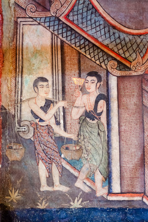CHIANG MAI, THAILAND - NOV 25: Mural painting at Wat Phra Singh represent the Lanna culture and depict Thai folktale, Sangthong on Nov 25, 2012, Chiang Mai, Thailandのeditorial素材