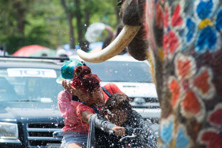 AYUTTHAYA, THAILAND - APR 13:  Revelers and elephants join in water splashing during Songkran Festival on Apr 13, 2015 in Ayutthaya, Thailand.  The water festival has long been observed as New Year for Thai people.のeditorial素材