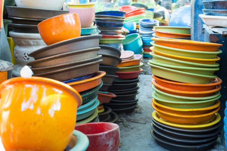 Stacks of colorful potterywares