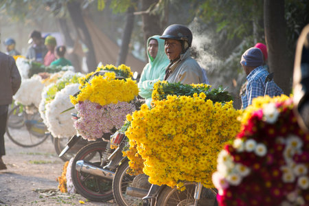 MANDALAY, MYANMAR - FEB 2, 2016: Motorbikes laden with colorful flowers from Pyin Oo Lwin occupied the roadside to Mandalay on Feb 2, 2016.  This is where the sellers from cool hills and the buyers from the city meet to trade.のeditorial素材