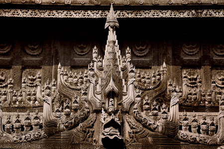 Teak carvings at	Shwenandaw Monastery in Mandalay, Myanmarの写真素材