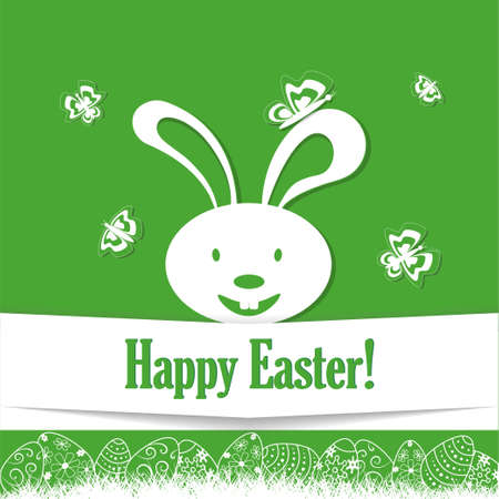 Green easter background, with easter bunny and butterflies.のイラスト素材