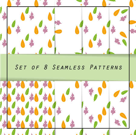Classic collection of seamless patterns: leaves in light orange, green and violet coloursのイラスト素材