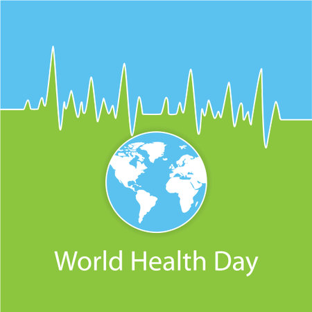 illustration. Poster for World Health Day in white, blue, green colors. The Earth. Tear-off calendar with globe and normal cardiogram as a concept for World Health Day.のイラスト素材