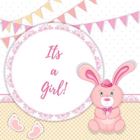 pink baby announcement card, vector illustration its a girlのイラスト素材
