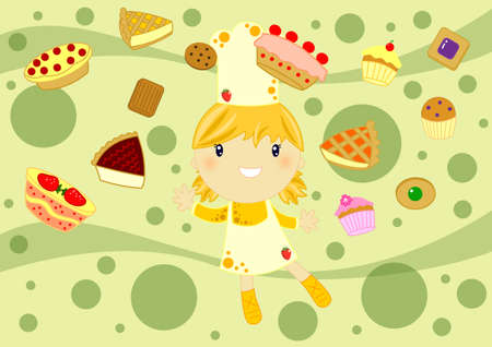 little chef surrounded by cakes on abstract backgroundの写真素材