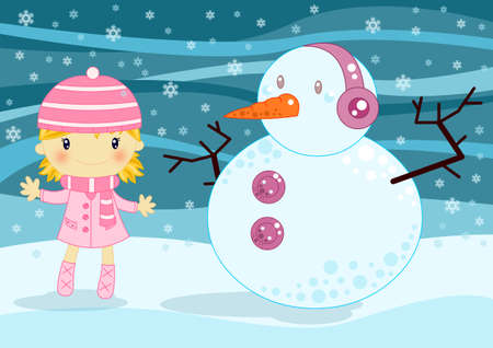 Christams card little girl and snowmanの写真素材