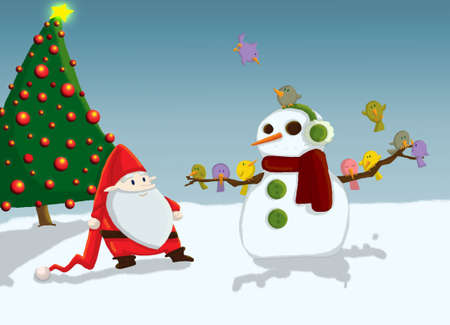 Christmas Sanata Claus and snowmanの写真素材