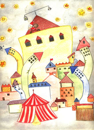 Christmas night in happy townの写真素材