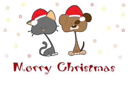 Christmas card with cute cat and dogの写真素材