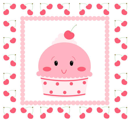pink icecream with cherry frameの写真素材