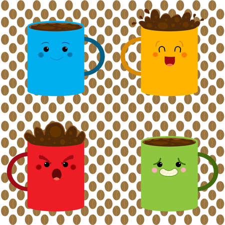 Set of colored coffee mugs in different expressionsの写真素材