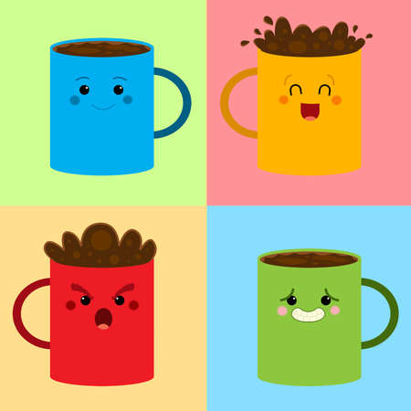 Set of colored coffee mugs in different expressionsの写真素材