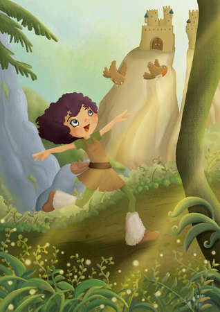 viking girl run in enchanted forestの写真素材