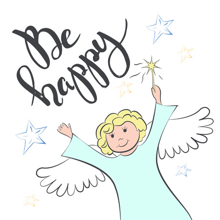 Handdrawn lettering of a phrase Be happy with handdrawn angel. Unique typography poster or apparel design. Vector art isolated on background.のイラスト素材