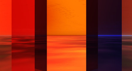 Abstract with strong vertical lines reflections and a suggested landscape and sunriseの写真素材