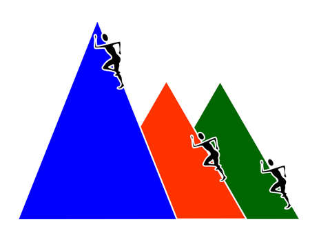 Three peaks each with a climber. The climber on the biggest peak is about to win and achieve his goalの写真素材
