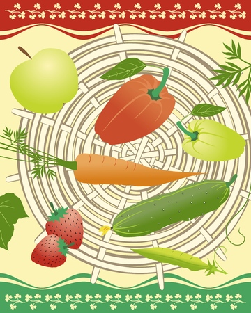 Organic vegetables, fruits, berries on round bamboo mat Vector illustration.のイラスト素材