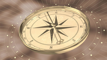 Vintage gold compass on blurred background. Retro stale