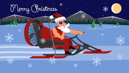Merry Christmas. Bad Santa Claus on a snowmobile rides with gifts on a snowy roadのイラスト素材
