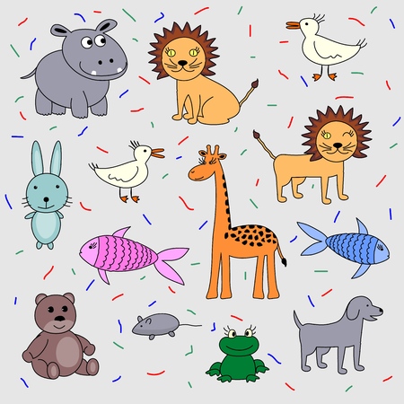 Childrens drawing animals set. Hippopotamus, lion, dog, fish, bird, bear cub, giraffe frog rabbit Vector illustrationのイラスト素材