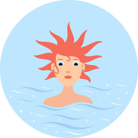 Girl with an unusual hairstyle stands in sea waterのイラスト素材