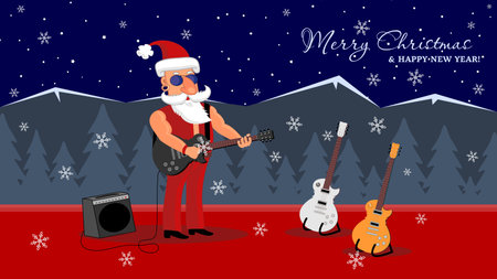 Bad Santa Rock Star stands on stage with a guitar playing rock and roll. Merry Christmas and Happy New Year Holiday greeting card. Vector illustrationのイラスト素材