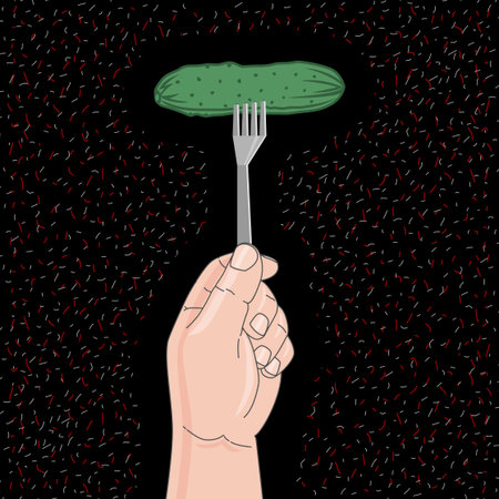 Holds in hand fork with cucumber. Vector illustration, flat design.のイラスト素材