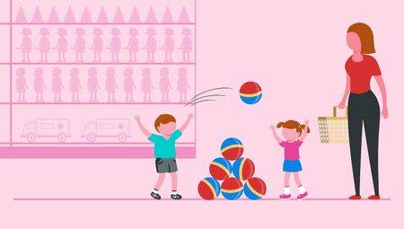 Shopping with children. Boy and girl play a ball in a toy market. Stall or showcase with kids or children toys. Mom with a basket is watching children. Vector illustrationのイラスト素材