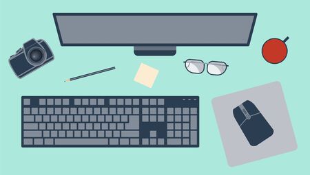 Workplace with monitor, keyboard, mouse, mouse pad, pencil, glasses and a camera. Vector flat illustrationのイラスト素材