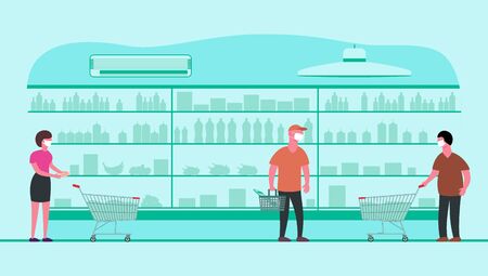 Social distancing in supermarket. Keep distance from other people. Save life from new coronavirus outbreak. Vector illustration.のイラスト素材
