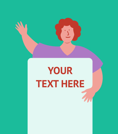 Woman holds blank paper poster. Flat art style vector illustration. Put your own text template.