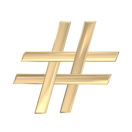 Golden 3d hashtag sign on isolated white background. 3d rendering