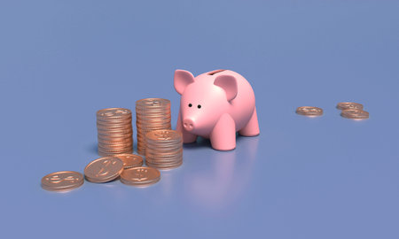 Concept of savings money pig dollar coins on blue. 3d rendering