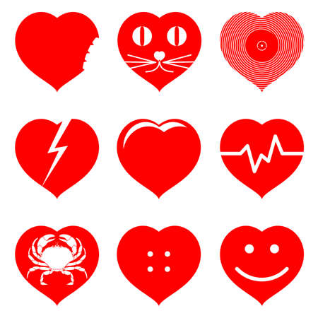 Nine red hearts Set. Bitten heart, Broken heart, Heart attack, Button heart, Smiley heart, Heart with a cat face, Heart with a crab inside. Vector design elementsのイラスト素材