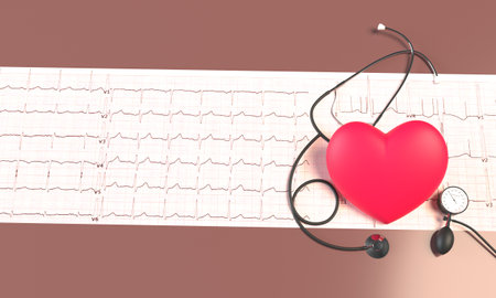 Stethoscope, pink toy heart and blood pressure monitor on the background of a cardiogram. 3d renderingの写真素材