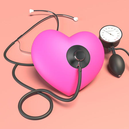 Stethoscope, pink toy heart and Blood pressure monitor on a light background. 3d rendering