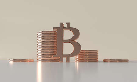 Realistic 3D rendering of gold coins. Business and finance growth background. One golden bitcoin sign in front of stacked golden bitcoins. 3D renderingの写真素材