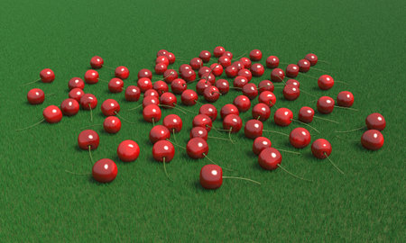 Red ripe cherries on green grass. 3D rendering